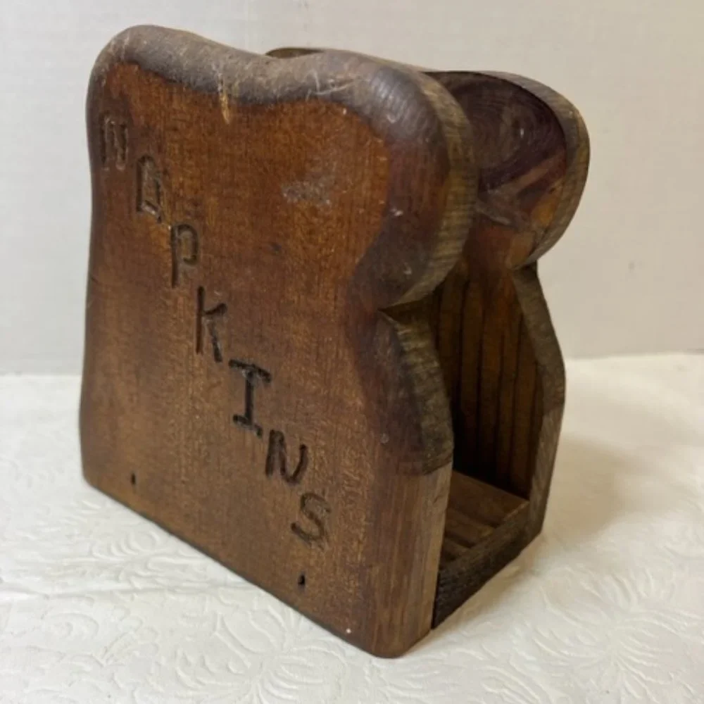 VTG Rustic Hand Carved Wooden Napkin Holder Dark Brown 5.5x3.25x5.5
